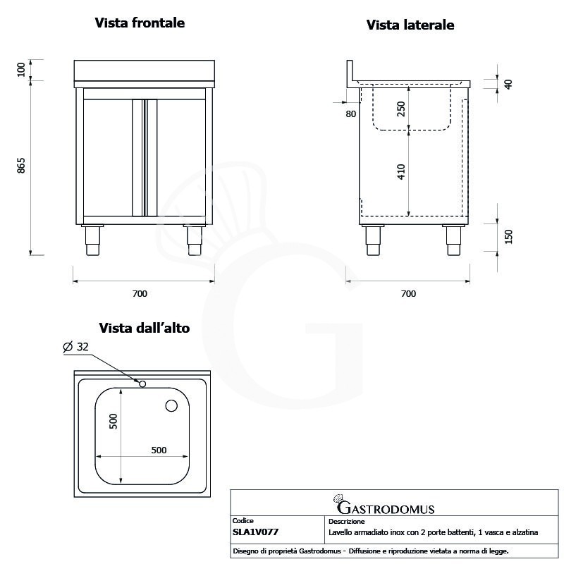 Lavello inox armadiato 2 porta battente, 1 vasca, alzatina, L 700 mm x P 700 mm x H 965 mm - con foro rubinetto Ø 32 mm