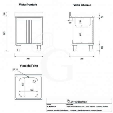 Lavello inox armadiato 2 porta battente, 1 vasca, alzatina, L 700 mm x P 700 mm x H 965 mm - con foro rubinetto Ø 32 mm Lavello inox armadiato 2 porta battente, 1 vasca, alzatina, L 700 mm x P 700 mm x H 965 mm - con foro rubinetto Ø 32 mm