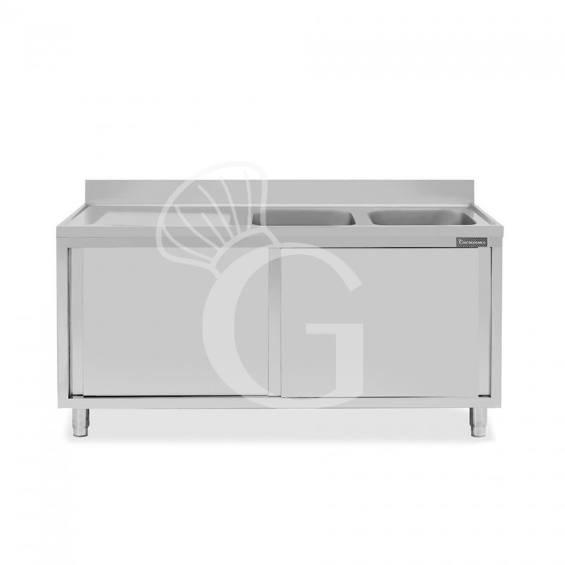 Lavello inox armadiato con porte scorrevoli,2 vasche,gocciolatoio a sinistra,L 1400 x P 600 x H 950 mm Lavello inox armadiato con porte scorrevoli,2 vasche,gocciolatoio a sinistra,L 1400 x P 600 x H 950 mm
