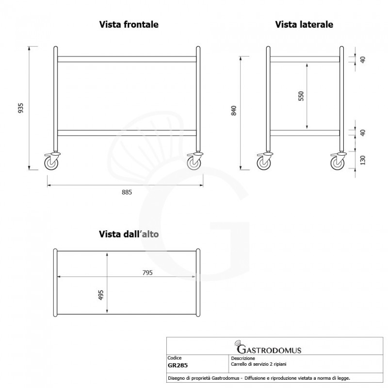 Carrello di servizio in acciaio inox con 2 piani L 885 mm x P 590 mm x H 935 mm
