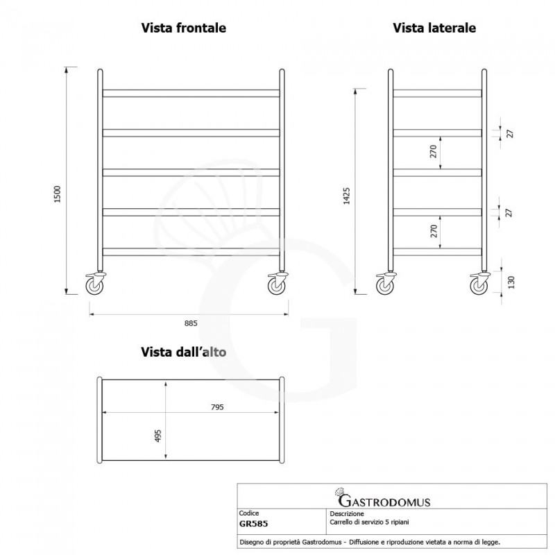 Carrello di servizio in acciaio inox con 5 piani L 800 mm x P 500 mm x H 1500 mm