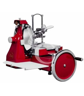 Affettatrice a volano in alluminio con verniciatura a fuoco, lama diametro 370 mm, taglio utile L 270 x H 250 mm