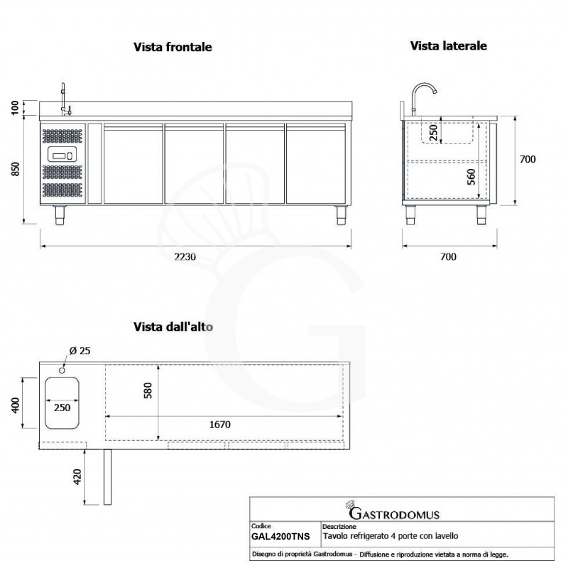 Tavolo refrigerato 4 porte con lavello e alzatina,motore a sinistra,Prof. 700 mm,temp +2°C/+8°C, completo di rubinetto