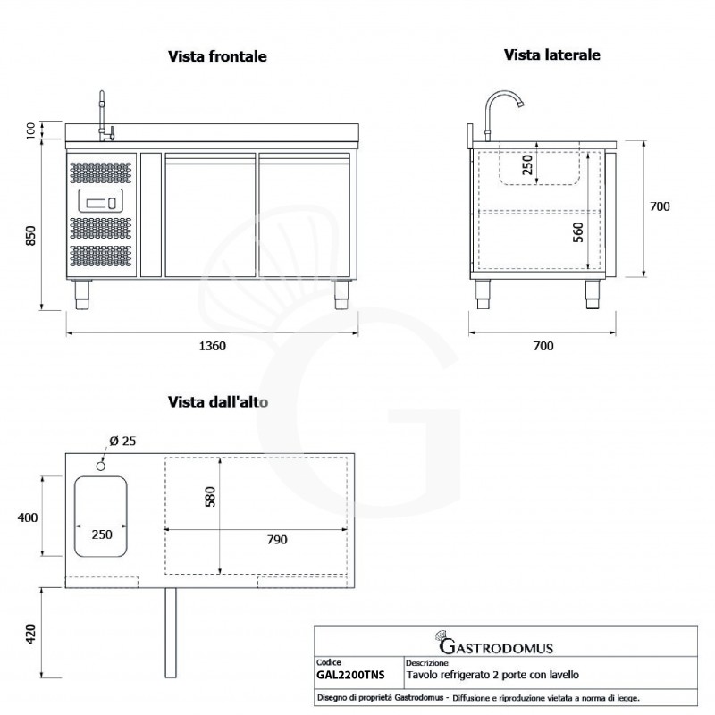 Tavolo refrigerato 2 porte con lavello e alzatina, motore a sinistra,Prof. 700 mm,temp +2°C/+8°C, completo di rubinetto