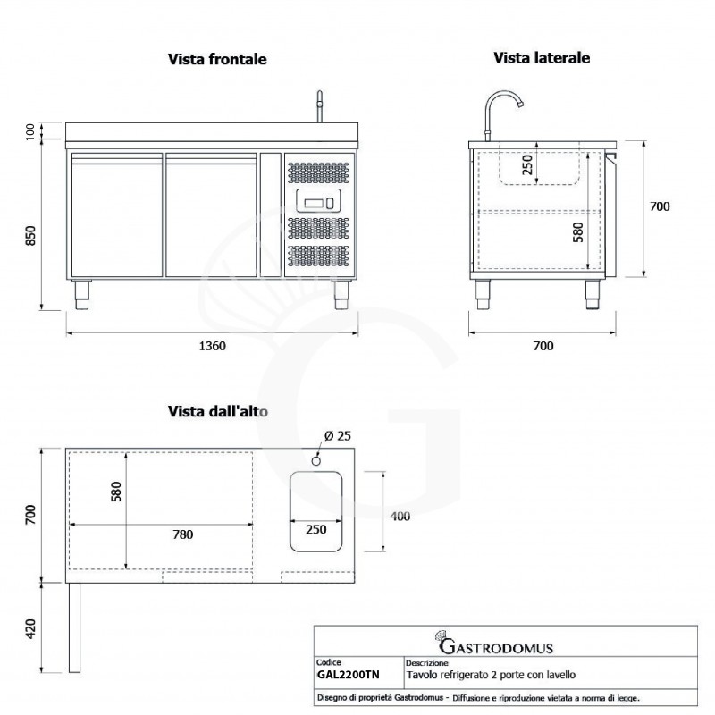 Tavolo refrigerato 2 porte con lavello e alzatina, motore a destra, Prof. 700 mm,temp +2°C/+8°C, completo di rubinetto