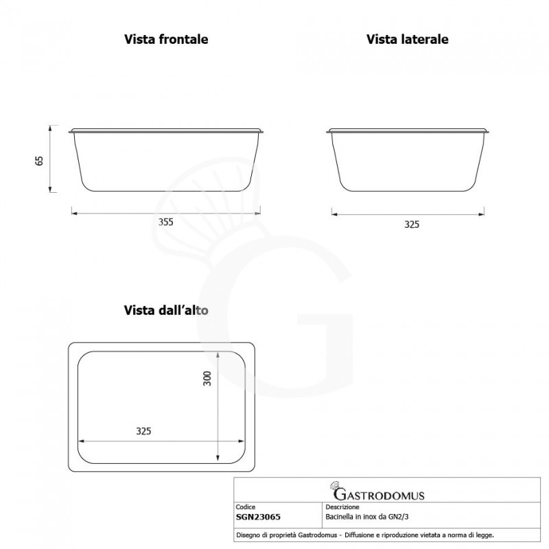 Bacinella in acciaio inox GN2/3 L 353 mm x P 325 mm x H 65 mm 5,5 LT