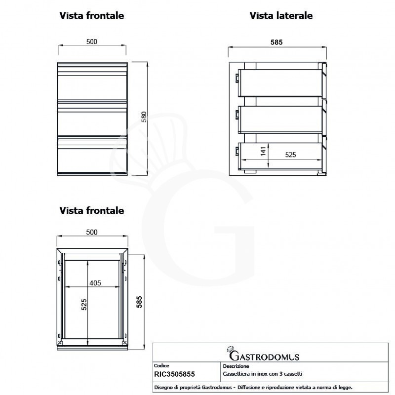 Cassettiera inox da agganciare al tavolo, dotata di 3 cassetti, L 500 x P 585 x H 580 mm