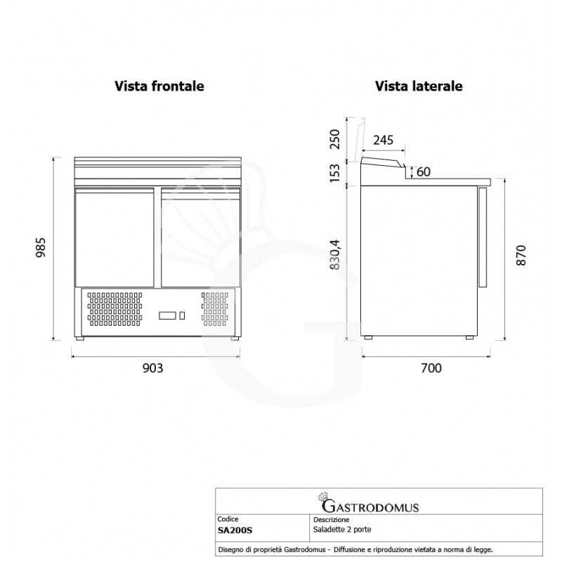 Saladette refrigerata con 2 porte, temperatura + 2°C/+ 8°C, coperchio in acciaio inox