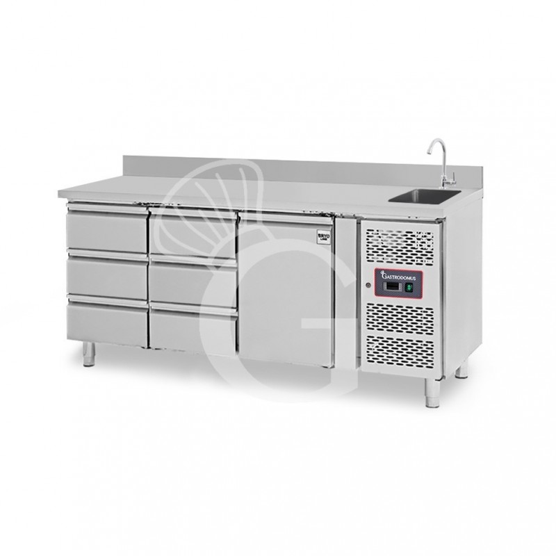 Tavolo refrigerato 6 cassetti 1 porta con lavello e alzatina, Prof. 700 mm, temp. +2°C/+8°C, completo di rubinetto
