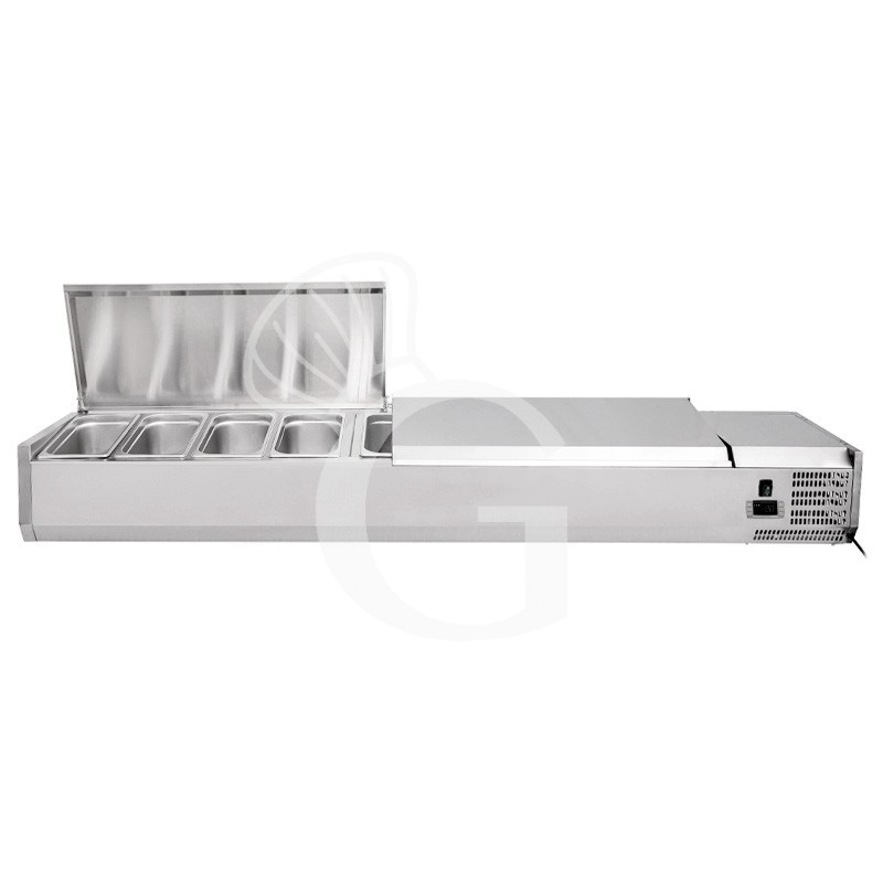 Vetrinetta refrigerata per pizzeria con coperchio in acciaio inox L 1800 mm per 9 bacinelle GN1/4