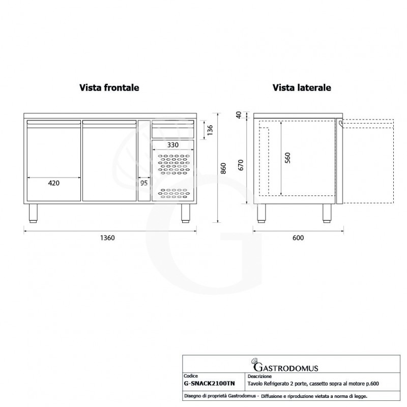 Tavolo Refrigerato 2 porte, cassetto sopra al motore Prof. 600 2°C/+8°C classe energetica B