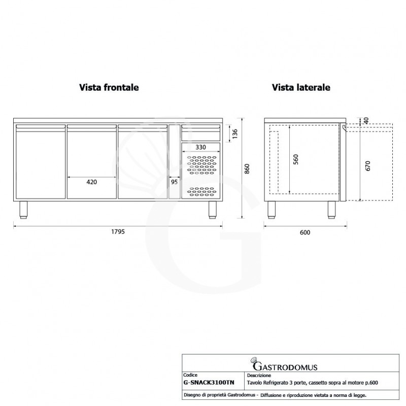 Tavolo refrigerato con 3 porte, cassetto sopra al motore, profondità 600 mm e temperatura -2°C/+8°C - Classe energetica B