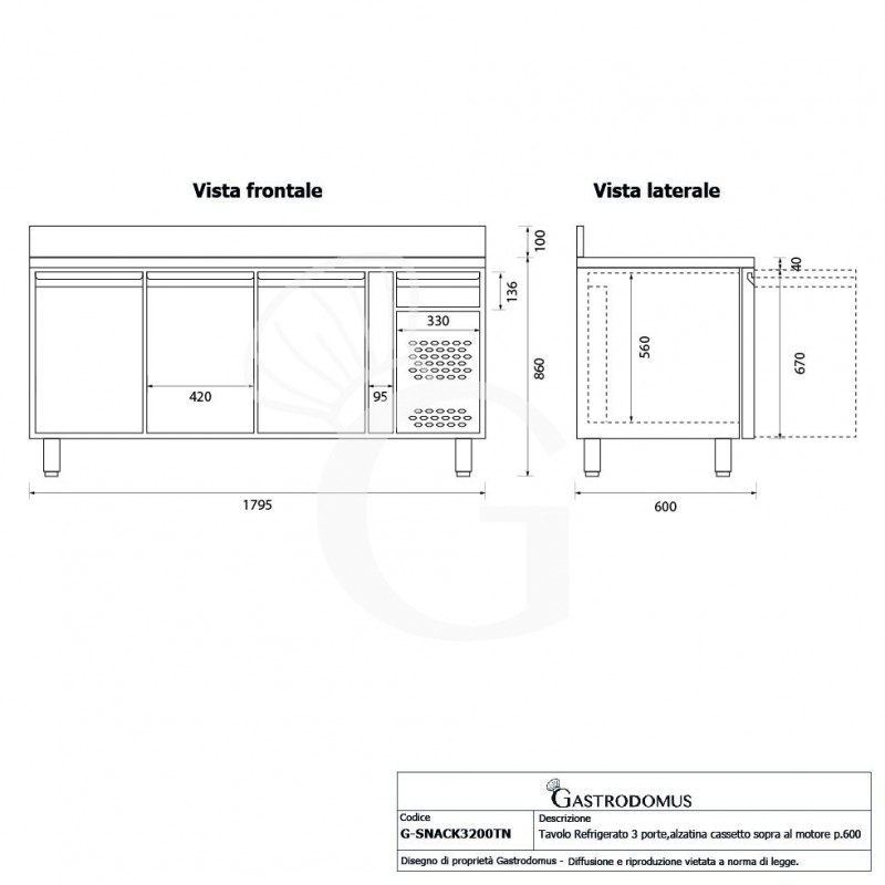 Tavolo refrigerato con 3 porte,con alzatina,cassetto sopra al motore, profondità 600 mm e temp. -2°C/+8°C - Classe energetica B