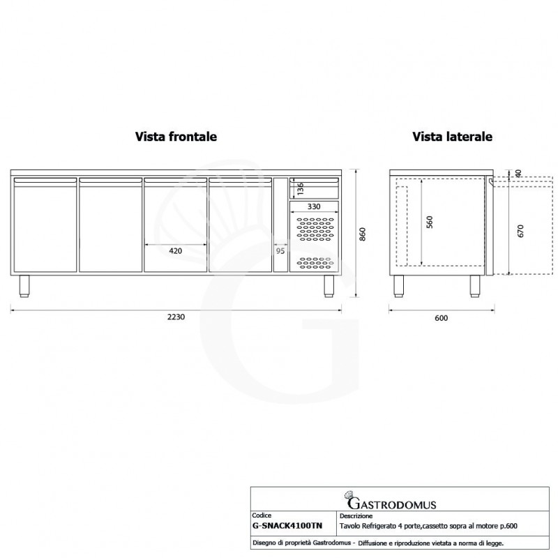 Tavolo refrigerato con 4 porte, cassetto sopra al motore, profondità 600 mm e temperatura -2°C/+8°C - Classe energetica D