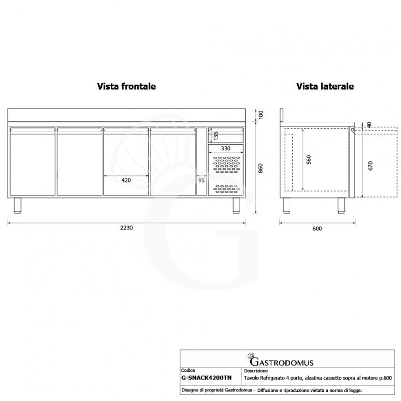 Tavolo refrigerato con 4 porte, alzatina, cassetto sopra al motore, profondità 600 mm e temp. -2°C/+8°C - Classe energetica D