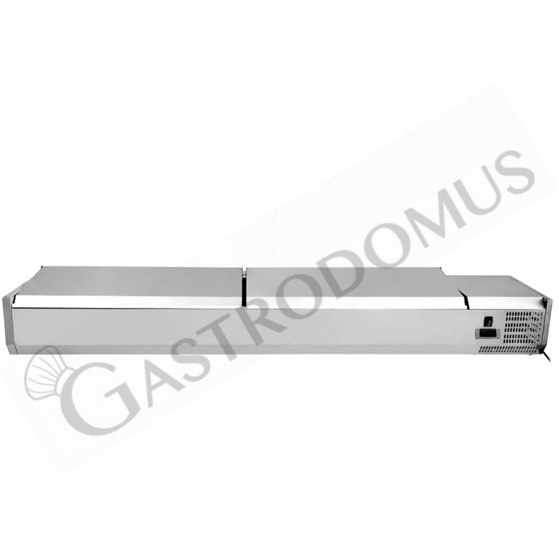 Vetrinetta refrigerata per pizzeria con coperchio in acciaio inox L 1800 mm per 9 bacinelle GN1/4 Vetrinetta refrigerata per pizzeria con coperchio in acciaio inox L 1800 mm per 9 bacinelle GN1/4