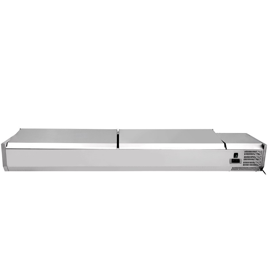 Vetrinetta refrigerata per pizzeria con coperchio in acciaio inox L 1800 mm per 9 bacinelle GN1/4