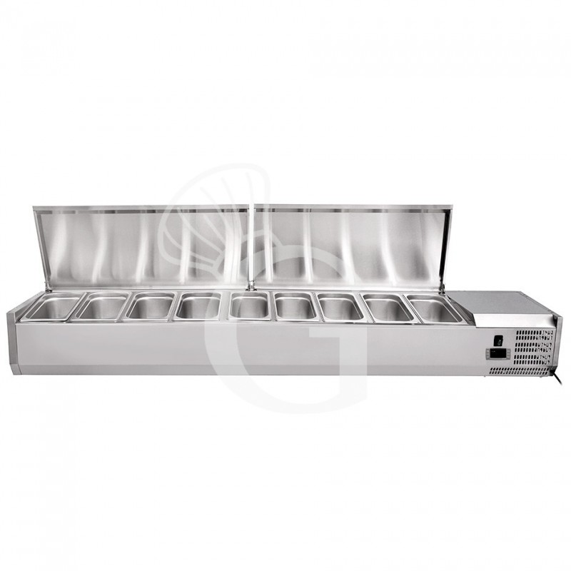 Vetrinetta refrigerata per pizzeria con coperchio in acciaio inox L 1800 mm per 9 bacinelle GN1/4