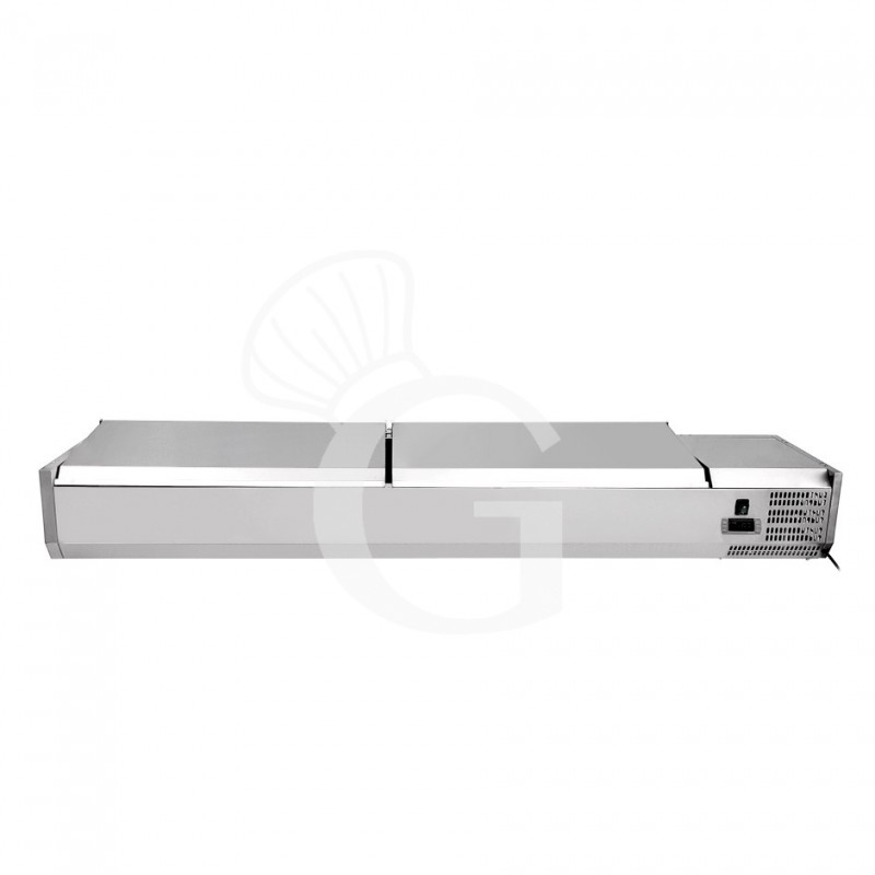 Vetrinetta refrigerata per pizzeria con coperchio in acciaio inox L 1500 mm per 7 bacinelle GN1/4 Vetrinetta refrigerata per pizzeria con coperchio in acciaio inox L 1500 mm per 7 bacinelle GN1/4
