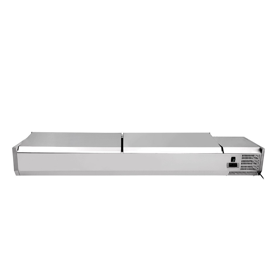 Vetrinetta refrigerata per pizzeria con coperchio in acciaio inox L 1500 mm per 7 bacinelle GN1/4