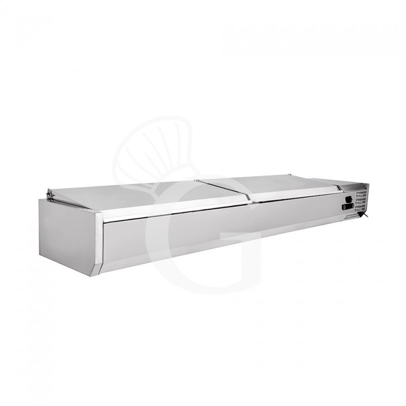 Vetrinetta refrigerata per pizzeria con coperchio in acciaio inox L 1500 mm per 7 bacinelle GN1/4