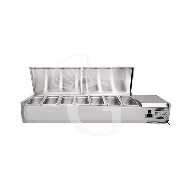 Vetrinetta refrigerata per pizzeria con coperchio in acciaio inox L 1500 mm per 7 bacinelle GN1/4