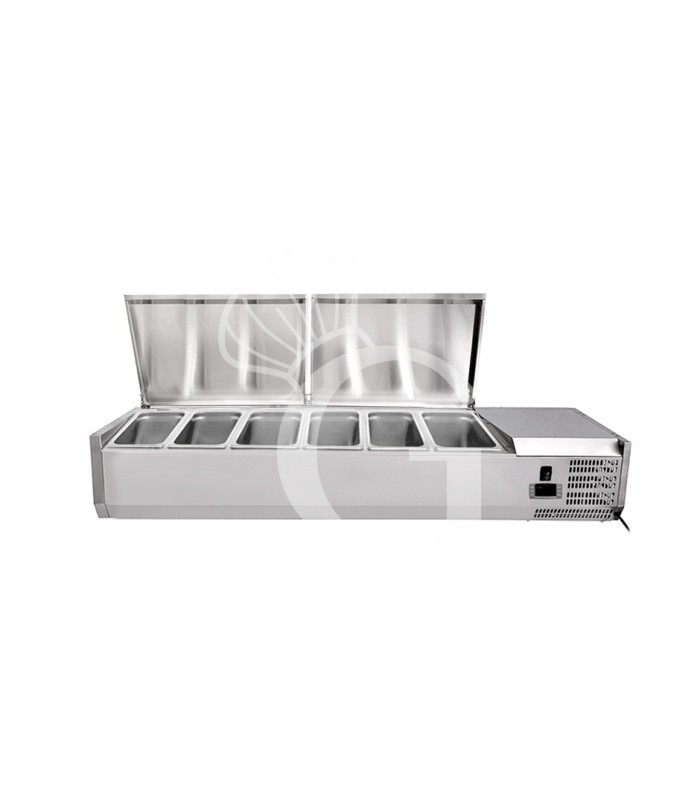 Vetrinetta refrigerata per pizzeria con coperchio in acciaio inox L 1400 mm per 6 bacinelle GN1/4