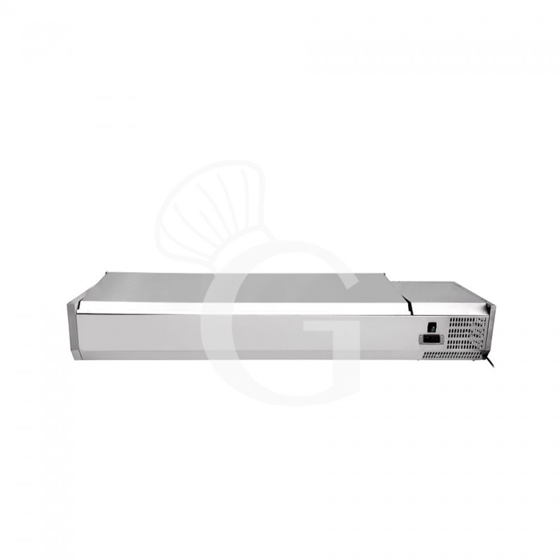 Vetrinetta refrigerata per pizzeria con coperchio in acciaio inox L 1200 mm per 5 bacinelle GN1/4 Vetrinetta refrigerata per pizzeria con coperchio in acciaio inox L 1200 mm per 5 bacinelle GN1/4
