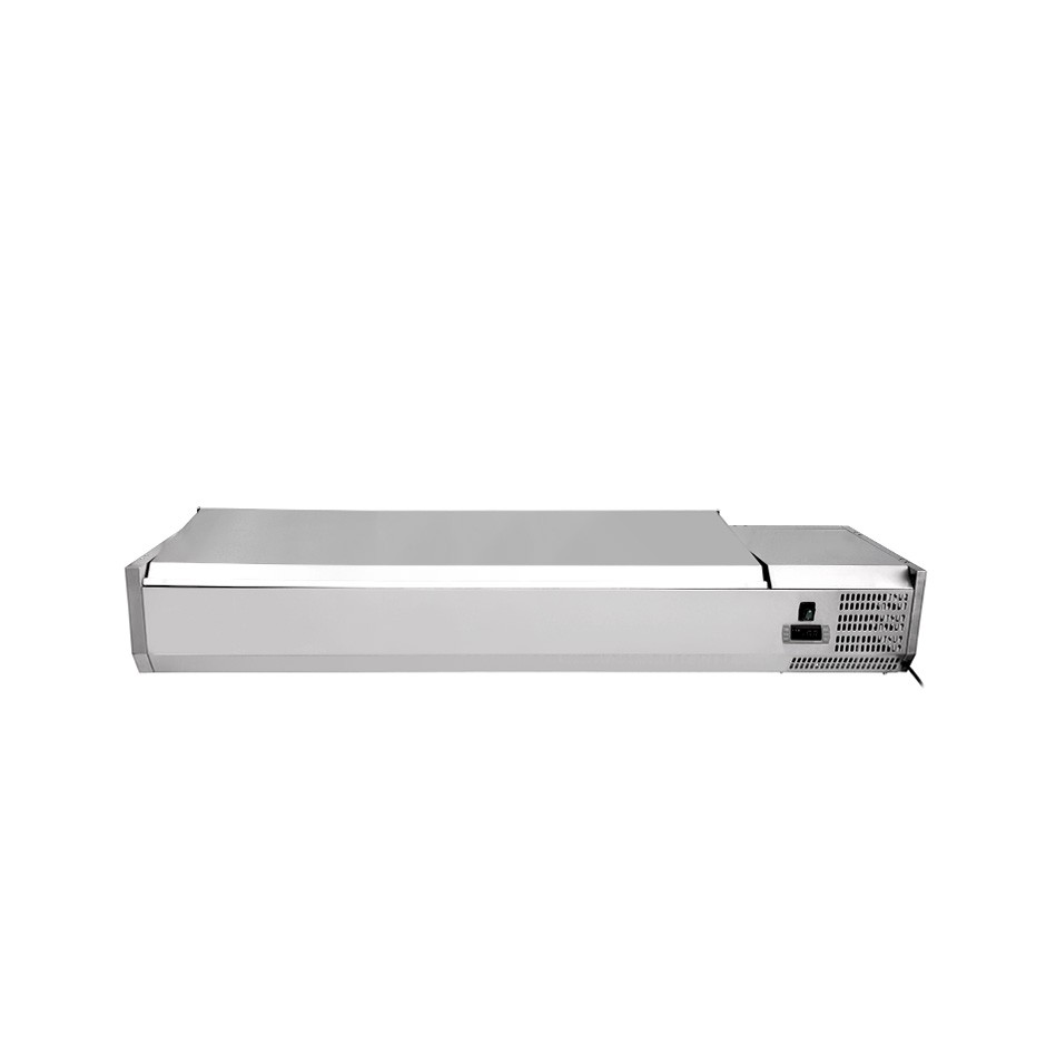 Vetrinetta refrigerata per pizzeria con coperchio in acciaio inox L 1200 mm per 5 bacinelle GN1/4