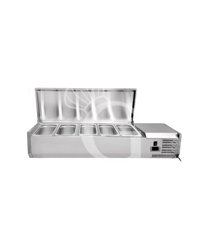 Vetrinetta refrigerata per pizzeria con coperchio in acciaio inox L 1200 mm per 5 bacinelle GN1/4