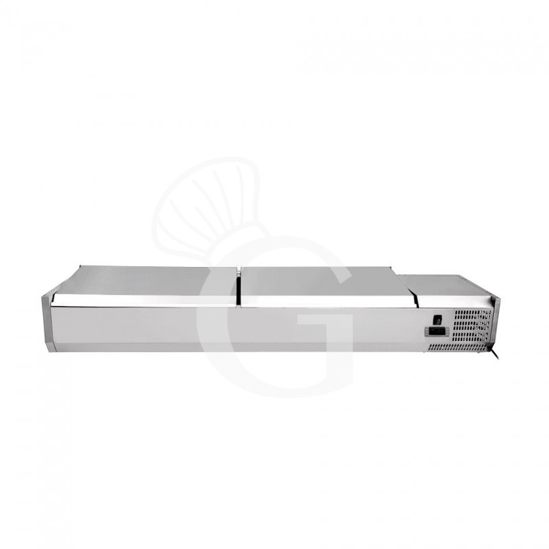 Vetrinetta refrigerata per pizzeria con coperchio in acciaio inox L 1400 mm per 6 bacinelle GN1/4 Vetrinetta refrigerata per pizzeria con coperchio in acciaio inox L 1400 mm per 6 bacinelle GN1/4