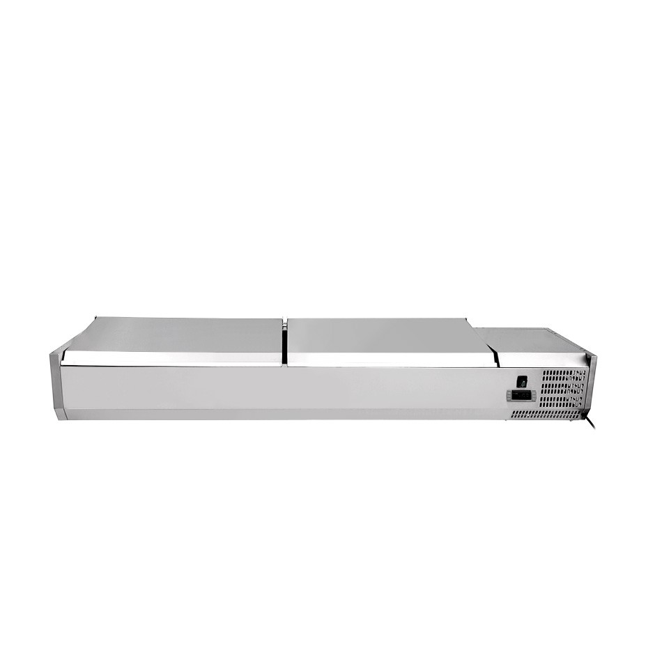 Vetrinetta refrigerata per pizzeria con coperchio in acciaio inox L 1400 mm per 6 bacinelle GN1/4