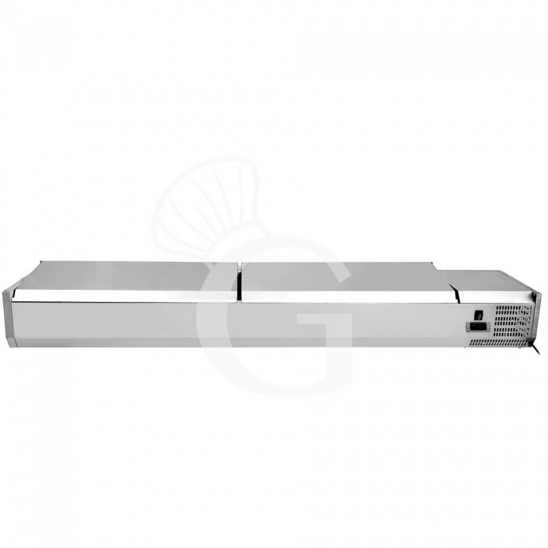 Vetrinetta refrigerata per pizzeria con coperchio in acciaio inox L 2000 mm per 10 bacinelle GN1/4 Vetrinetta refrigerata per pizzeria con coperchio in acciaio inox L 2000 mm per 10 bacinelle GN1/4
