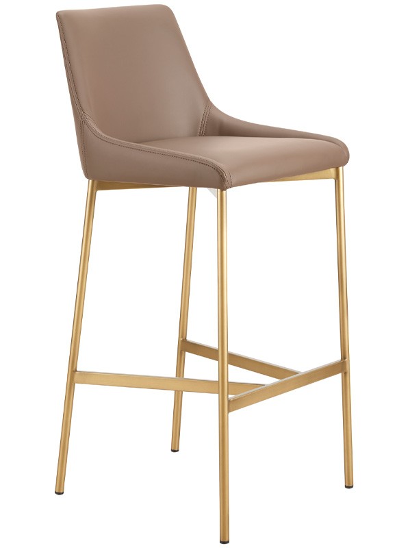 Sgabello con struttura in metallo colore ottone satinato, seduta e schienale rivestiti in tessuto o ecopelle
