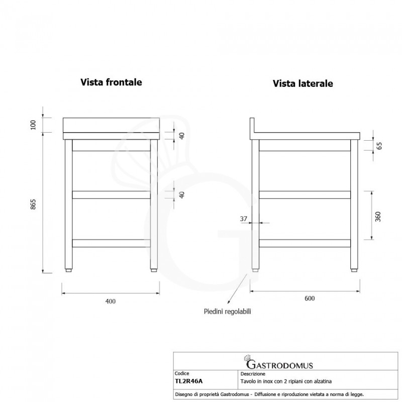 Tavolo inox 2 ripiani alzatina L 400 mm x P 600 mm x H 965 mm