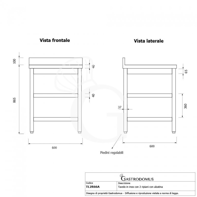 Tavolo inox 2 ripiani alzatina L 600 mm x P 600 mm x H 965 mm