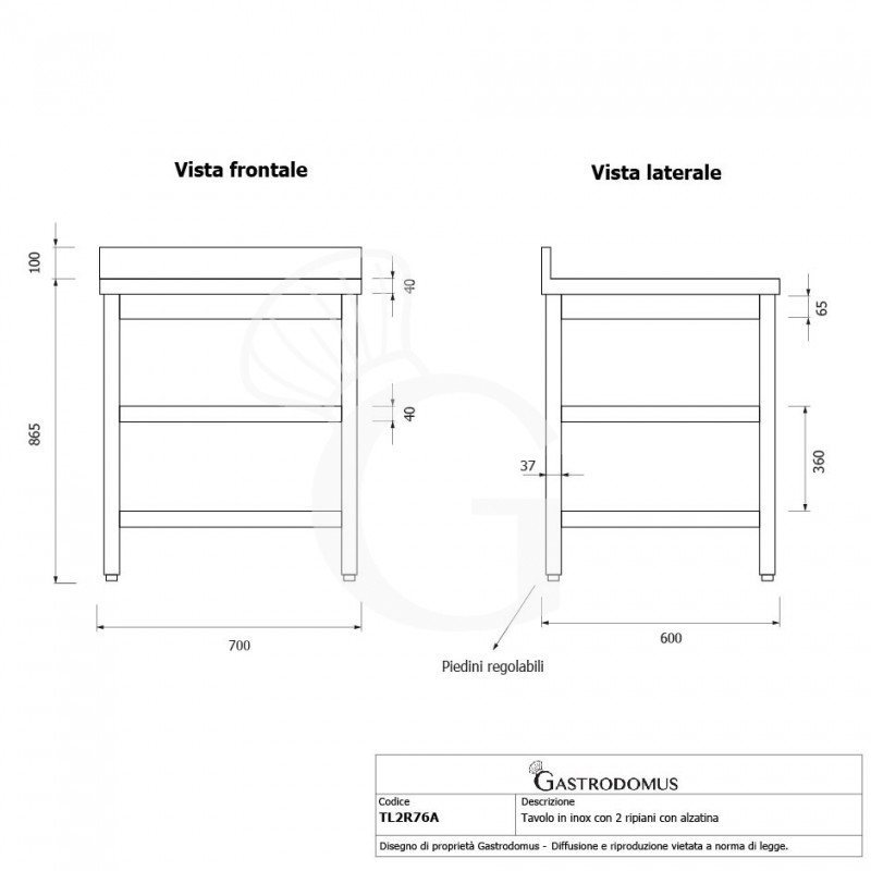Tavolo inox 2 ripiani alzatina L 700 mm x P 600 mm x H 965 mm