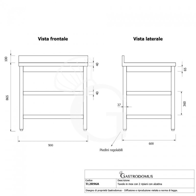 Tavolo inox 2 ripiani alzatina L 900 mm x P 600 mm x H 965 mm
