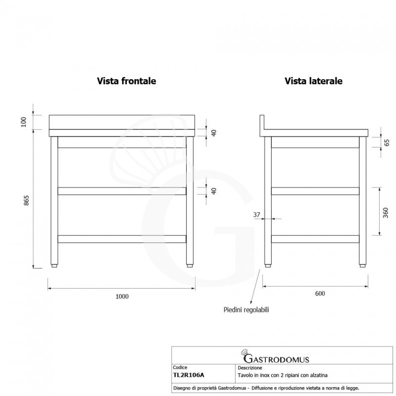 Tavolo inox 2 ripiani alzatina L 1000 mm x P 600 mm x H 965 mm