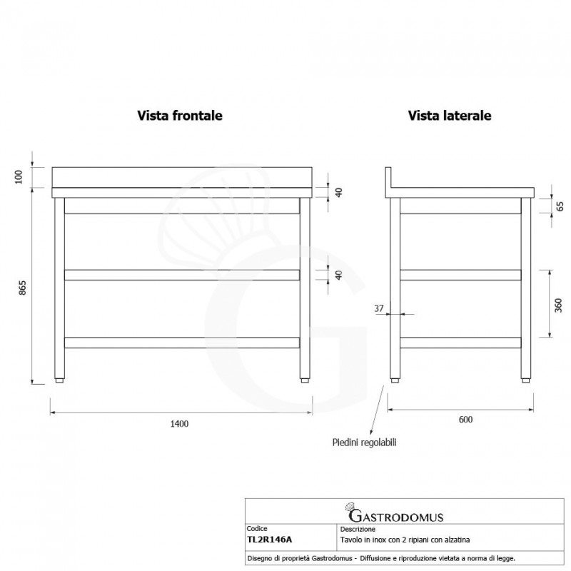 Tavolo inox 2 ripiani alzatina L 1400 mm x P 600 mm x H 965 mm
