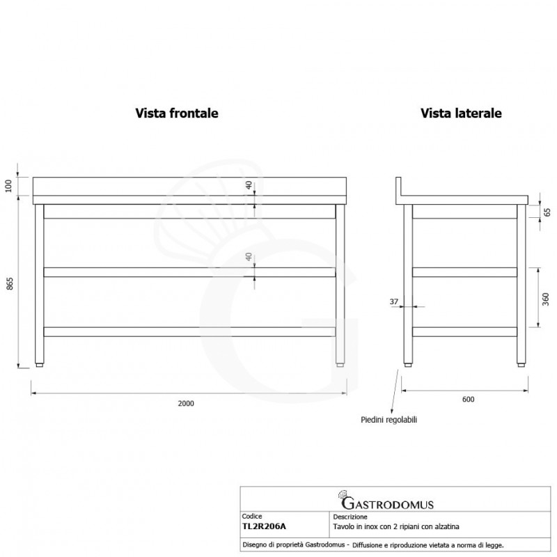 Tavolo inox 2 ripiani alzatina L 2000 mm x P 600 mm x H 965 mm