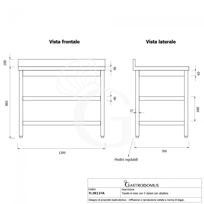 Tavolo inox 2 ripiani alzatina L 1200 mm x P 700 mm x H 965 mm