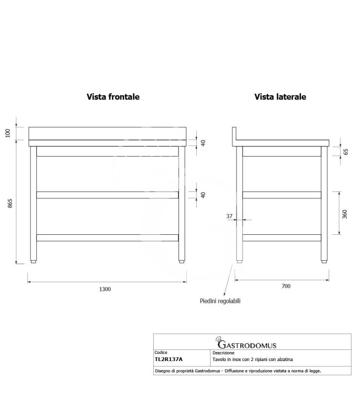Tavolo inox 2 ripiani alzatina L 1300 mm x P 700 mm x H 965 mm