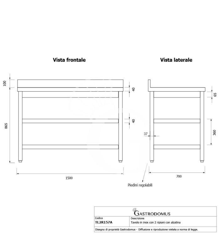 Tavolo inox 2 ripiani alzatina L 1500 mm x P 700 mm x H 965 mm