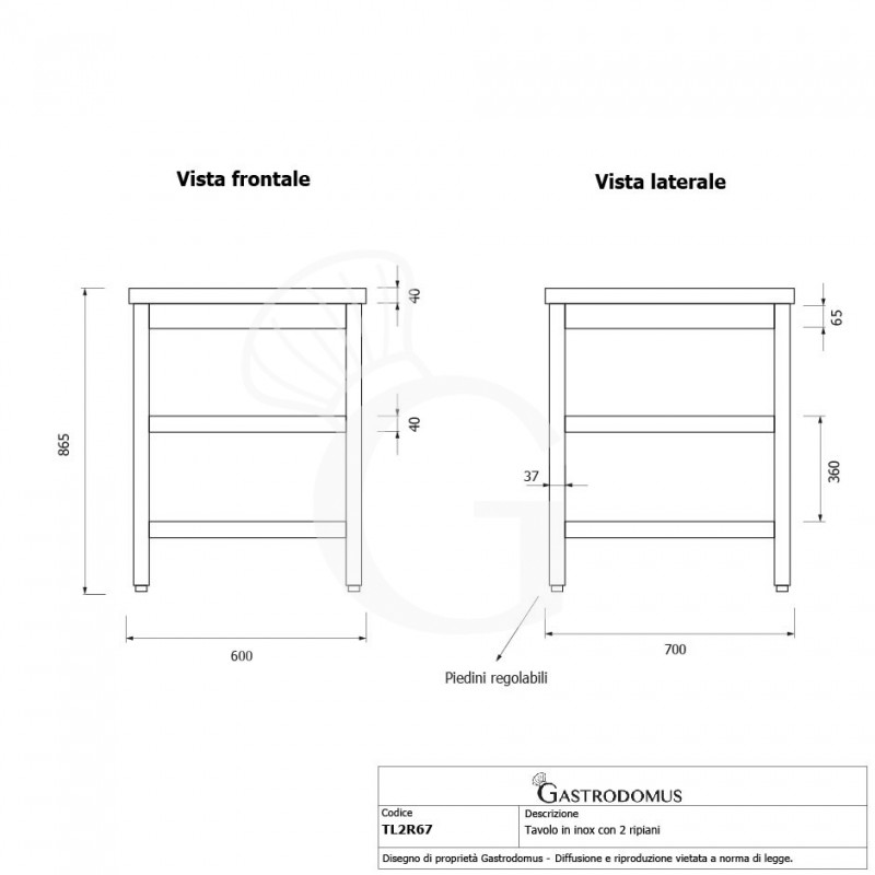 Tavolo inox 2 ripiani L 600 mm x P 700 mm x H 865 mm