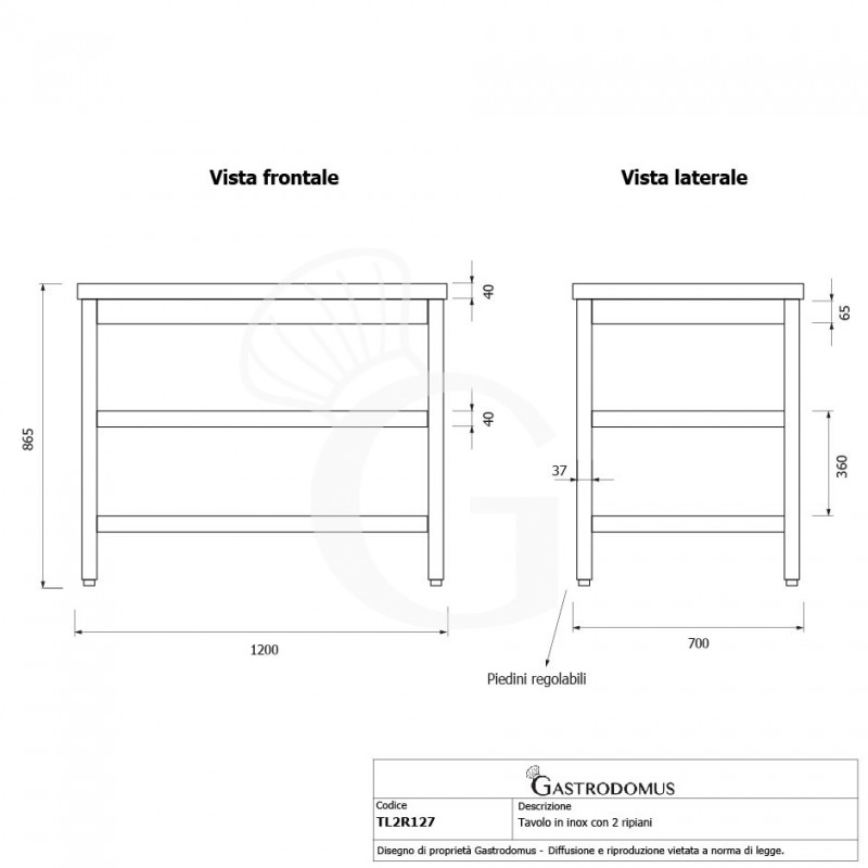 Tavolo inox 2 ripiani L 1200 mm x P 700 mm x H 865 mm