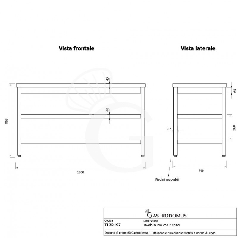 Tavolo inox 2 ripiani L 1900 mm x P 700 mm x H 865 mm