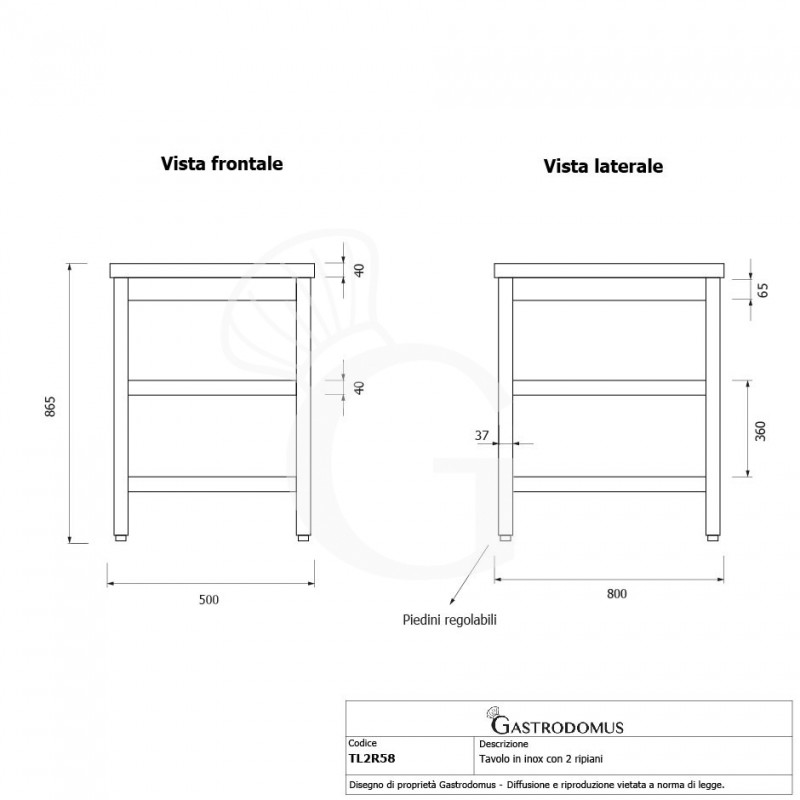 Tavolo inox 2 ripiani L 500 mm x P 800 mm x H 865 mm