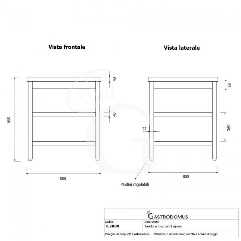 Tavolo inox 2 ripiani L 800 mm x P 800 mm x H 865 mm