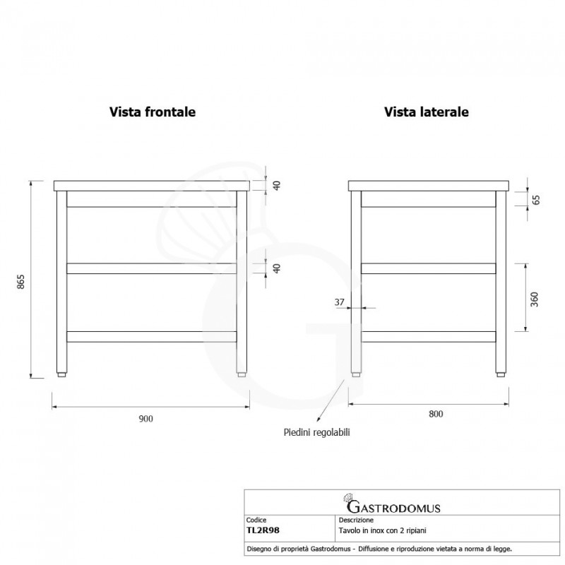 Tavolo inox 2 ripiani L 900 mm x P 800 mm x H 865 mm